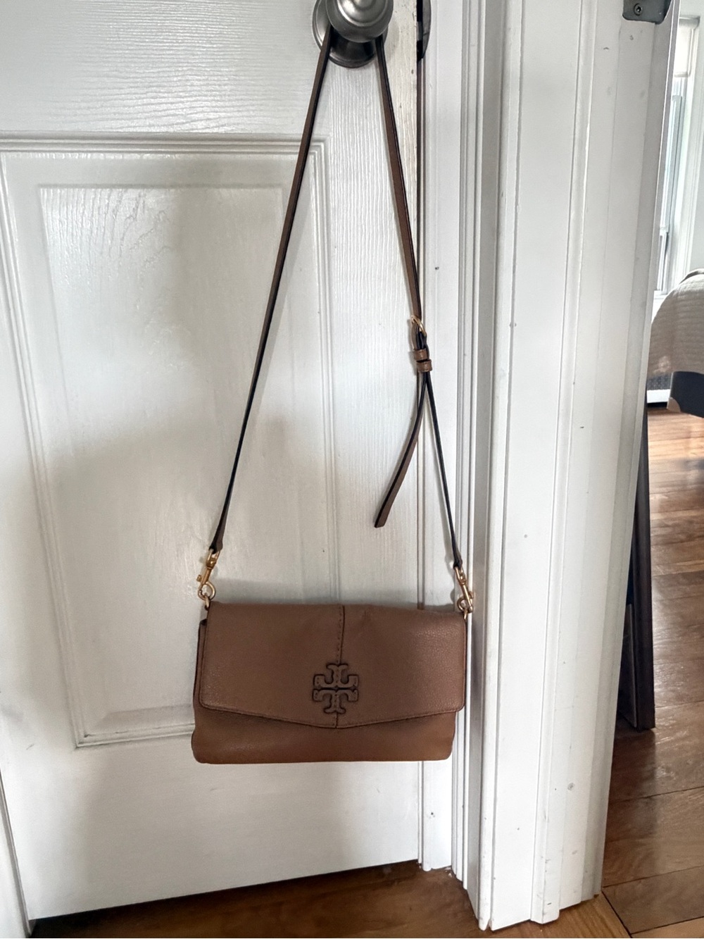 Tory Burch Tan Leather Logo Flap Crossbody